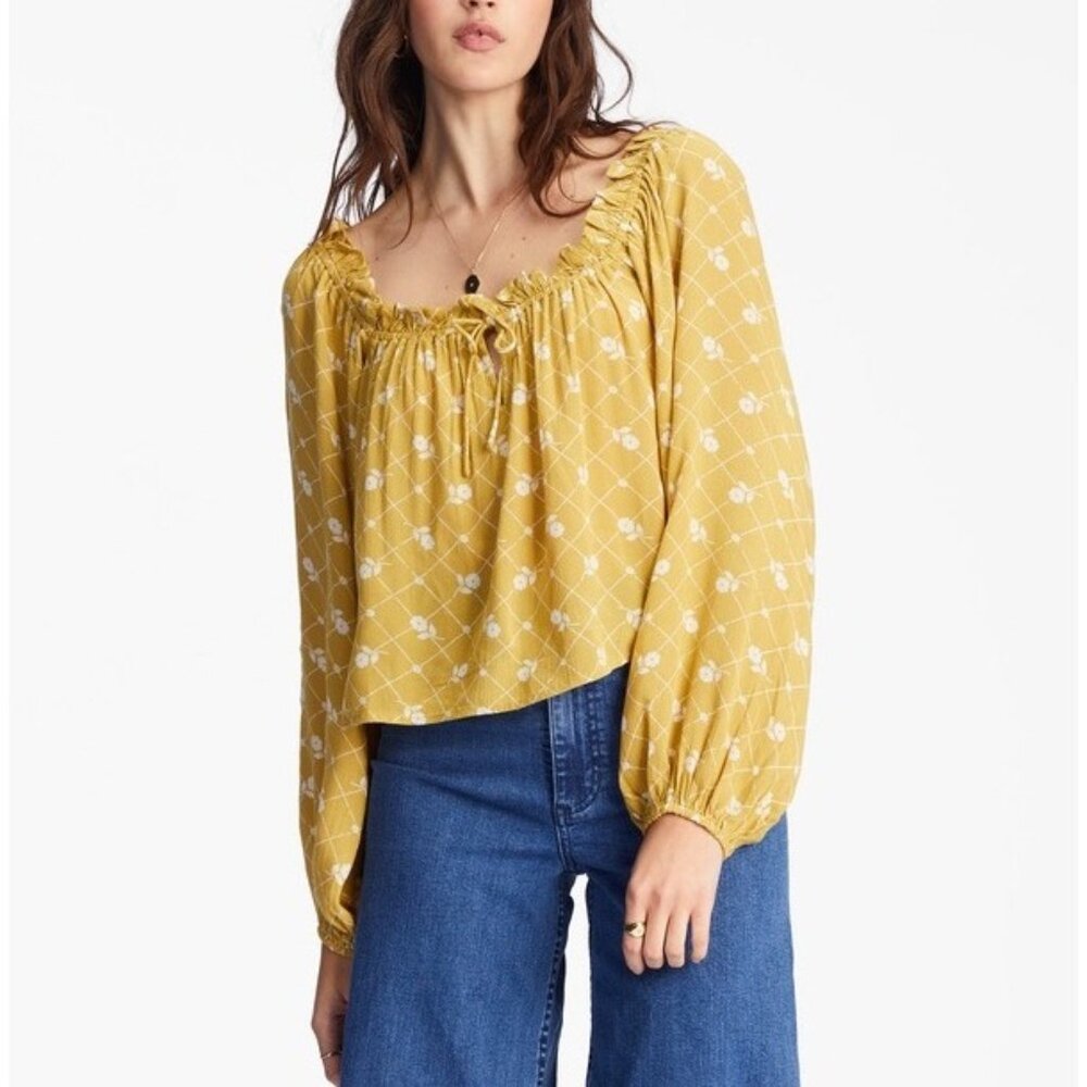 BILLABONG Fall In Love Two Way Top L Yellow White Floral Ruffle Balloon Sleeves